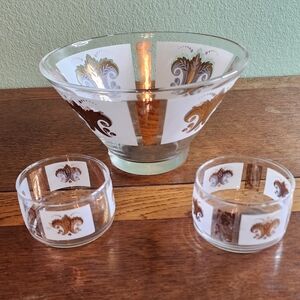 Vintage Anchor Hocking 22K Gold and White Frost Chip Bowl & 2 Dip Bowls Festive.